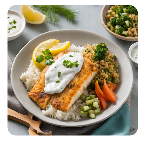 medley fish served for kids with rice and sauce yagurt
