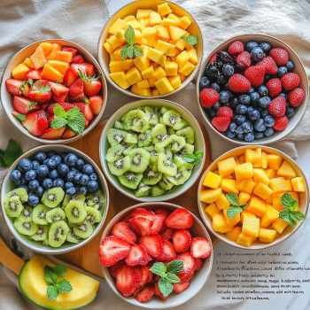 "A vibrant assortment of five healthy and creative fruit salads featuring colorful ingredients like strawberries, blueberries, mango, kiwi, and watermelon, styled for different occasions with elegant garnishes and served in various settings.
